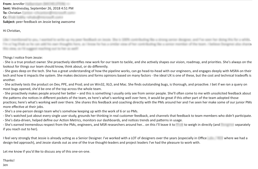 Peer feedback email from product manager lead