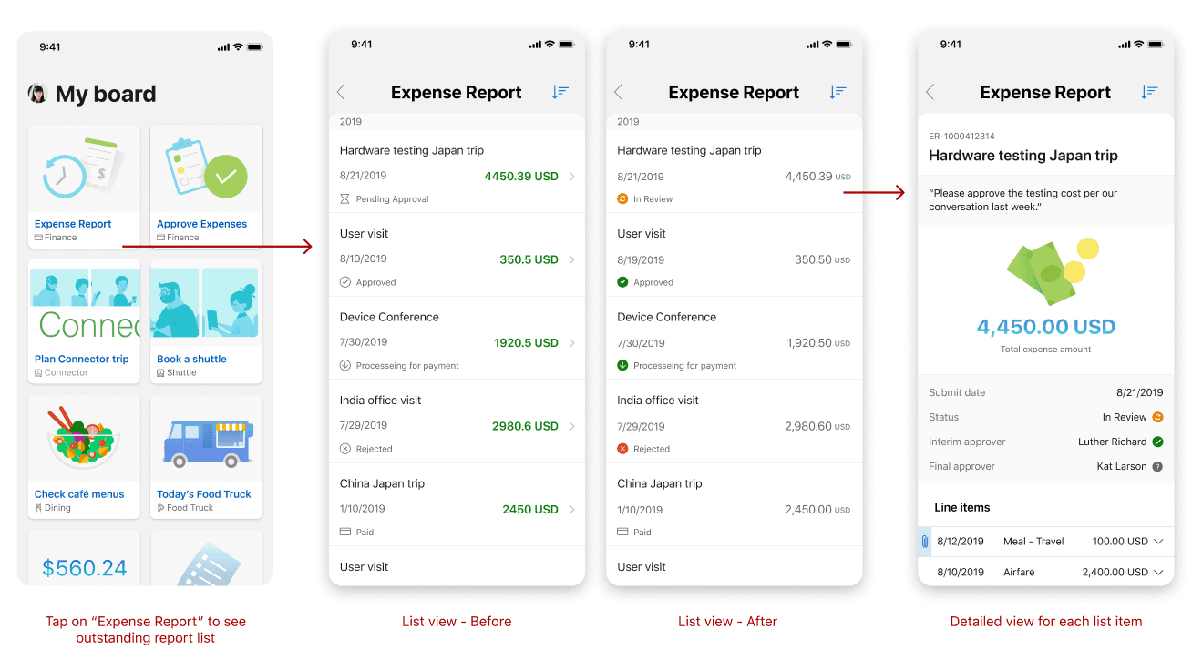 Expense list view design iterations